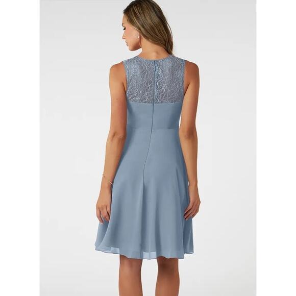 NEW AZAZIE Vina Chiffon Lace A-line Dress Sz 0 Dusty Blue Bridesmaid Knee-length - Picture 5 of 13